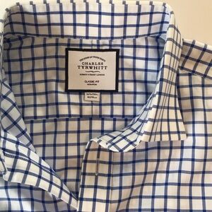 Charles Tyrwhitt White Shirt with Blue Windowpane Check- Size 16.5